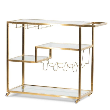 Arden Glass Bar Cart Brushed Gold Base Side