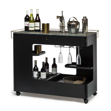 Black & Gold Contemporary Bar Cart with Marble Top With Drinks