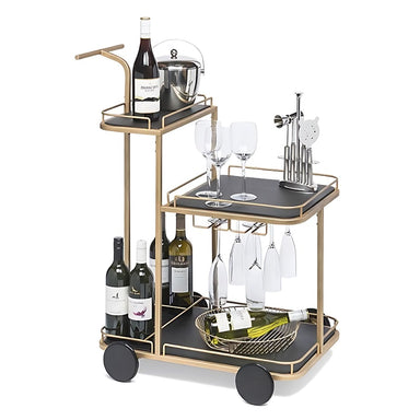 Black and French Brass Wooden 3 Tier Bar Cart Drinks Trolley with Drinks