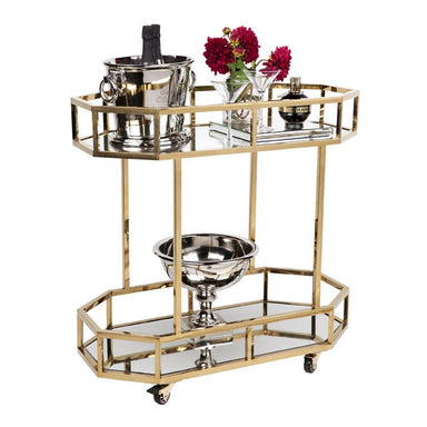 Brooklyn Mirrored Bar Cart Gold Side View with Drinks