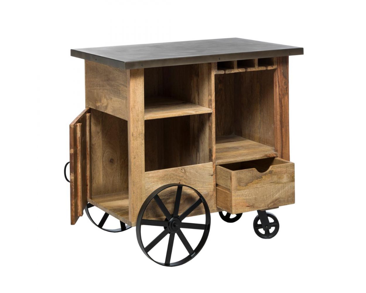 Lirash Industrial Iron and Wood Bar Cart Open Cupboards