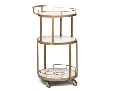Round Marble 3 Tier Bar Cart In French Brass Drinks Trolley Front Empty